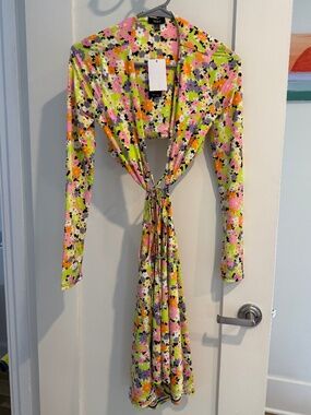 AFRM Neon Floral Cutout Long Sleeve Midi Dress Open Back Tie Waist, XS